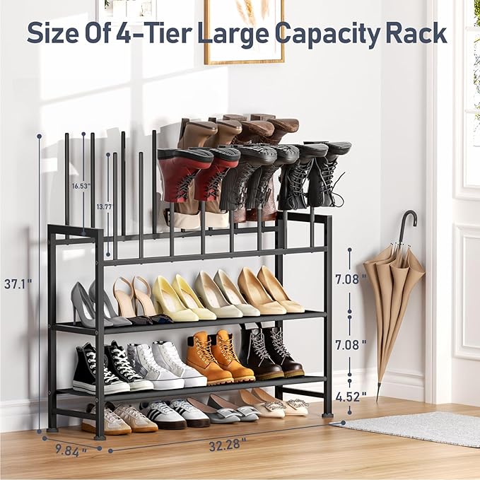 DIMJ Free Standing Shoe Racks - 4-Tier Boot Rack, Black Metal Boot Storage Organizer Tall Boots Organizer for Closet, Multiuse Shoe Rack for Boots, Sneakers,Fit for 6 Pairs Boots, Black