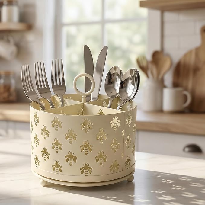 NelyBet 360°Rotating Utensil Caddy Countertop - Bee Silverware Caddy Holder with 4 Compartment - Mesh Cutlery Caddy Holder with Handle for Party Kitchen Counter Office Cream White