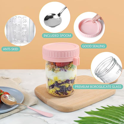OcePor 6 Pack Overnight Oats Containers with Lids and Spoons, 16 OZ Glass Mason Overnight Oats Jars, Large Capacity Airtight Jars for Milk, Cereal, Fruit(Pink)
