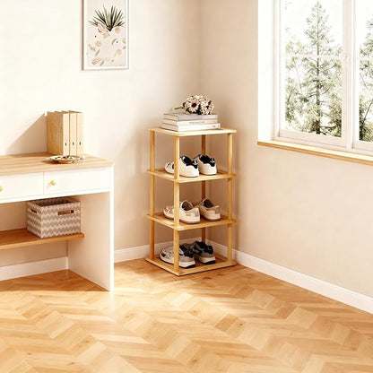 Aniston 4 Tier Small Shoe Rack Bamboo, Free Standing Slim Narrow Shoe Storage, Vertical Tall Shoe Shelf Organiser for Garage, Closet, Doorway, Corner, Living Room Small Spaces