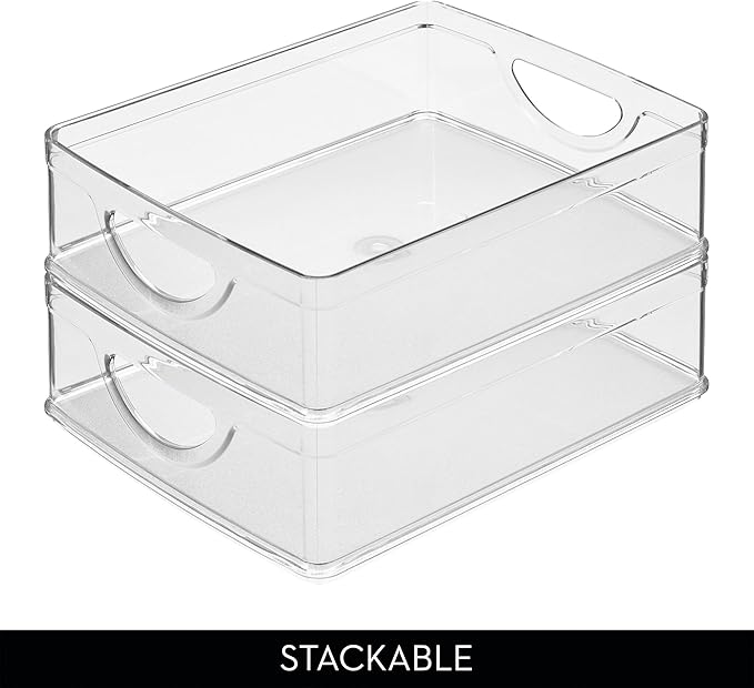 iDesign Plastic Stackable Pantry Bin - Storage Bin with Handles for Cabinets or Fridge - Set of 2 - Clear