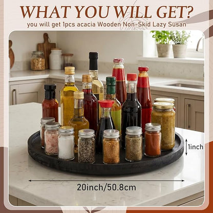 20'' Wood Lazy Susan for Countertop Acacia Large Turntable Rotating Serving Tray for Table Top Non Skid Kitchen Tray Revolving Condiment Spice Rack Table Organization Storage, Black