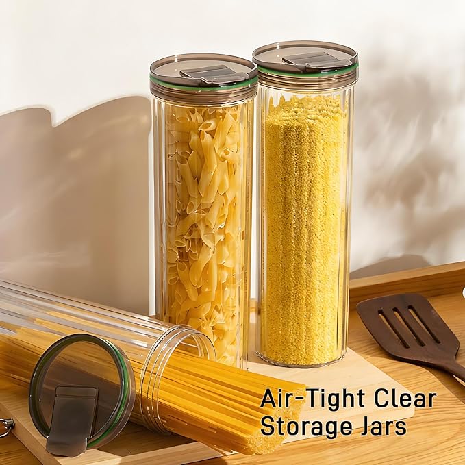 11-Inch Tall Airtight Spaghetti Container - Clear Pasta Holder Organizer for Kitchen Pantry, Fits Full-Length Noodles, Coffee Beans, Rice, Dry Foods (48oz, 2 Pcs)