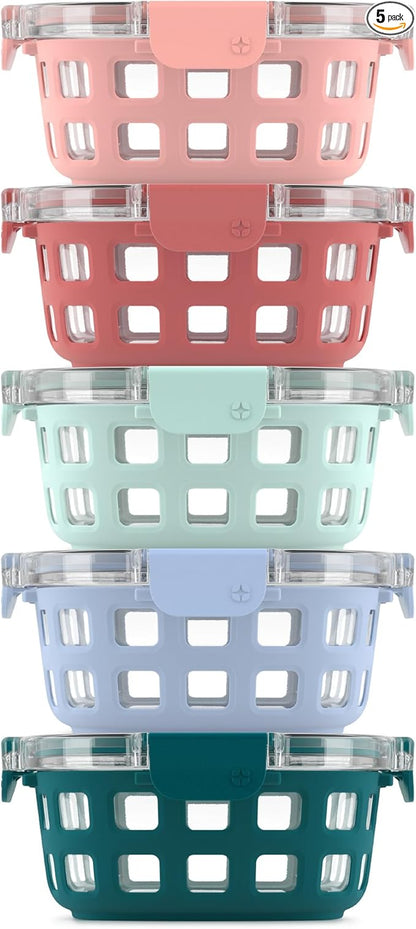 Ello Duraglass 3.4 Cup Round Meal Prep Sets 10Pc, 5 Pack Set- Glass Food Storage Container with Silicone Sleeve and Airtight BPA-Free Plastic Lids, Dishwasher, Microwave, and Freezer Safe, Melon