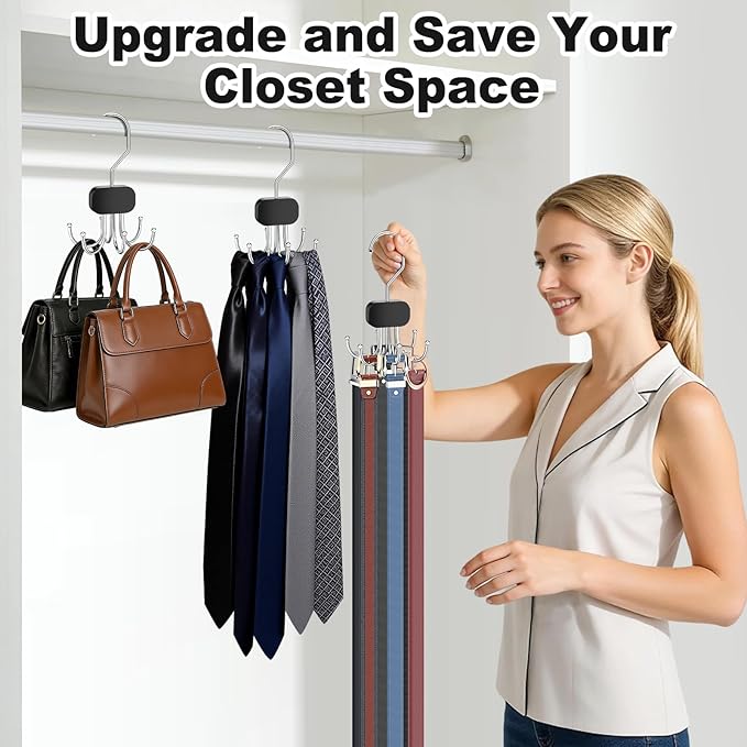 Belt Hanger for Closet, 3PCS Belt Organizer for Closet 360°Rotating Max 72 Belt, Tie Rack Hanger for Closet Tie Organizer for Closet Belt Holder for Closet for Belt,Tie,Tank Top,Bra,Scarf,Hat