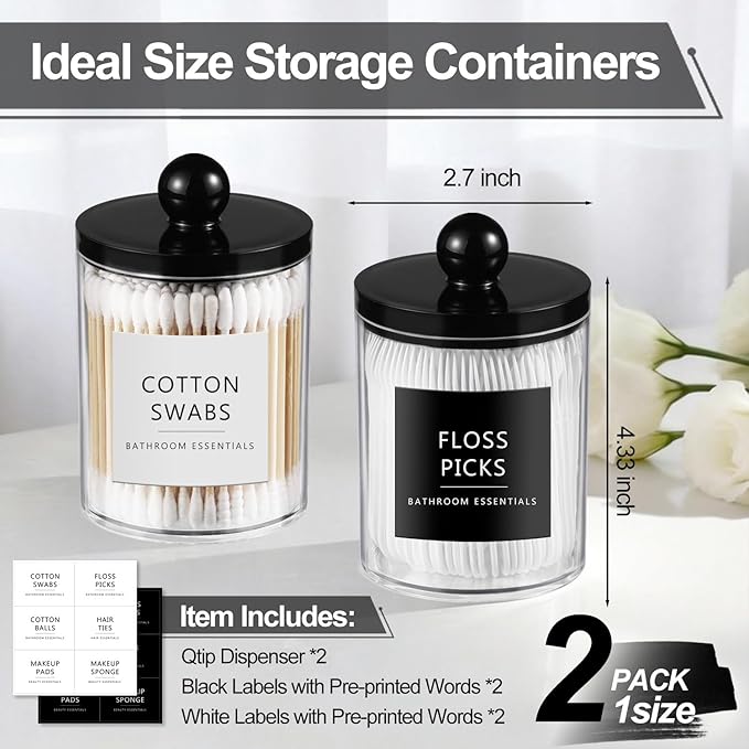 SheeChung 2 Pack Acrylic Qtip Holder Dispenser,Bathroom Jars with Lids Set for Cotton Swabs,Balls,Pads,Floss,Clear Plastic Canisters Apothecary Jars,Bathroom Essentials Makeup Vanity Organizer(10oz)