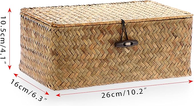 Hipiwe Wicker Shelf Baskets Bin with Lid, Handwoven Seagrass Basket Storage Bins Rectangular Household Basket Boxes for Shelf Wardrobe Home Organizer, Caramel Small
