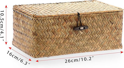 Hipiwe Wicker Shelf Baskets Bin with Lid, Handwoven Seagrass Basket Storage Bins Rectangular Household Basket Boxes for Shelf Wardrobe Home Organizer, Caramel Small