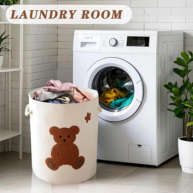 Large Laundry Basket Tall Baskets Storage for Dirty Clothes, Toys Storage Bins Baby Hamper 58L Clothes Hamper Blanket Basket Baby Toys Organizer for Nursery Bedroom Living Room Decor, Bear
