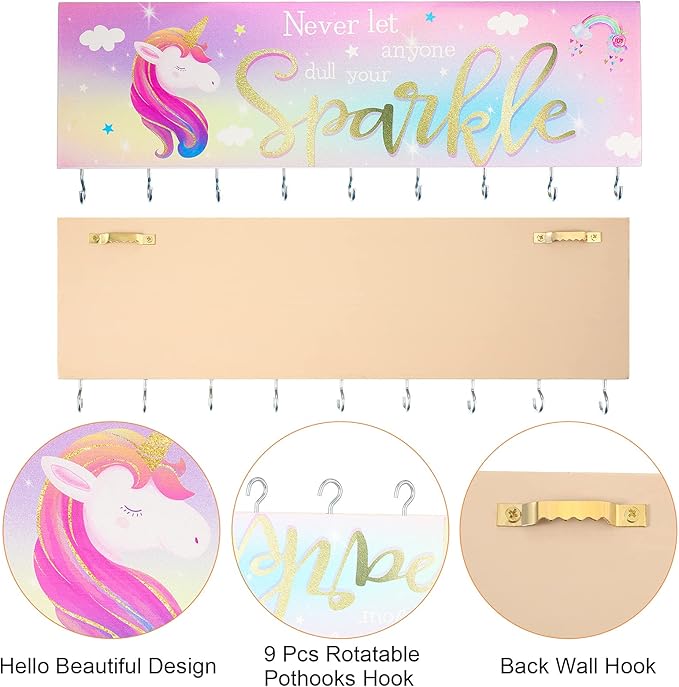 Jetec Hair Bow Organizers, Hair Clip Holders, Hello Beautiful Wall Mount Jewelry Holder with 9 Hooks for Room(Unicorn Style)