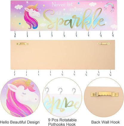 Jetec Hair Bow Organizers, Hair Clip Holders, Hello Beautiful Wall Mount Jewelry Holder with 9 Hooks for Room(Unicorn Style)