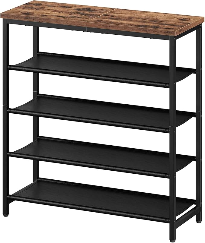 HOOBRO Shoe Rack with 4 PU Shelves, 5-Tier Shoe Storage Organizer for Closet and Entryway, Holds 12-16 Pairs of Shoes, Sturdy Metal Frame, Small Spaces, Rustic Brown and Black BF95XJ01