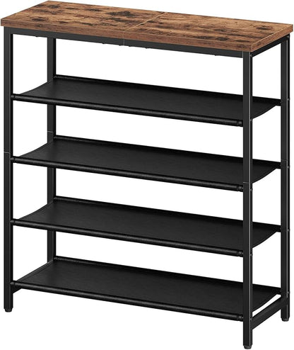 HOOBRO Shoe Rack with 4 PU Shelves, 5-Tier Shoe Storage Organizer for Closet and Entryway, Holds 12-16 Pairs of Shoes, Sturdy Metal Frame, Small Spaces, Rustic Brown and Black BF95XJ01