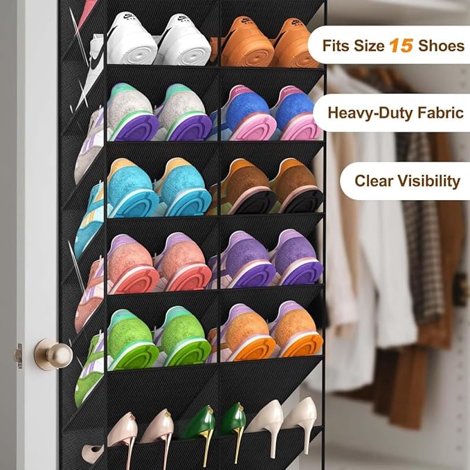 TAKE FIRE Over the Door Shoe Organizer: 10-Tier Clear Pocket Storage for Sneakers, Boots & Heels (20-30 Pairs, Black)