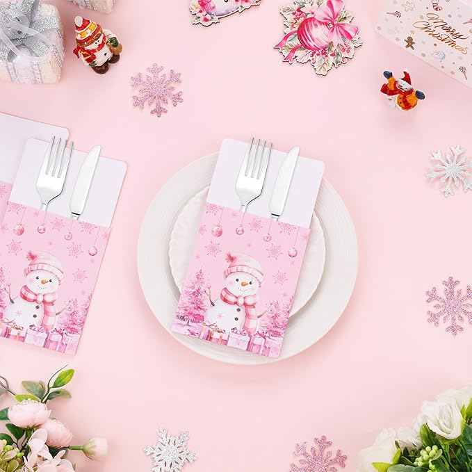 50pcs Winter Christmas Utensil Holder Pockets Pink Flatware Tableware Holder Bags Disposable Knifes Forks Silverware Bags for Christmas Party Table Decor Supplies