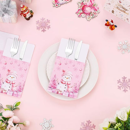 50pcs Winter Christmas Utensil Holder Pockets Pink Flatware Tableware Holder Bags Disposable Knifes Forks Silverware Bags for Christmas Party Table Decor Supplies