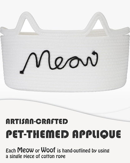 Sea Team Cat Toy Basket with Handles, 16.5 x 11 x 7 Inches, 4.4 Gallons Large Cotton Rope Storage Bin, Box, Shelf Organizer for Pet Chew Toys, Foods, White Meow