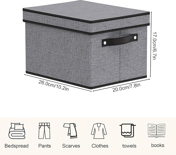 Storage Bins with Lids, 10.2×7.8×6.7 Inch Closet Organizers for Shoes Towels Books, Storage Boxes with Handles, Gray, 5-Pack