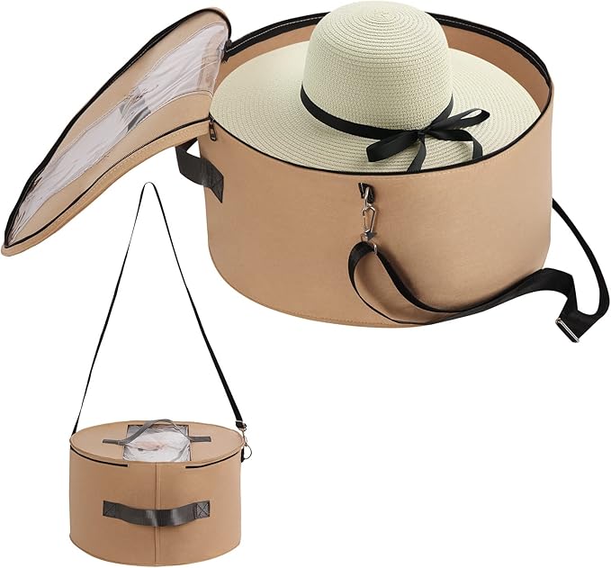 LitLandstar Hat Organizer Round Storage Box Portable Felt Container Foldable Hat Holder with Dust Proof Lid, Hat Rack for Closet or Travel (17" D x 10" H, Khaki)