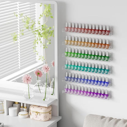 NIUBEE 24 Inches Nail Polish Rack Wall Mounted Shelf with Removable Anti-Slip End Inserts, Clear Acrylic Nail Polish Organizer Display 150 Bottles