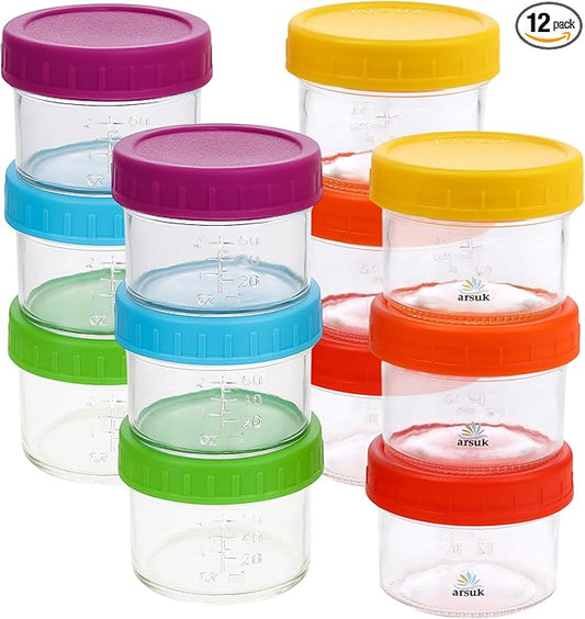 ARSUK 4 OZ Small Glass Containers with Lids (12 Pack) - Mini Glass Jars for Salad Dressing, To-Go Travel, Sauces, Spices, and Meal Prep - Reusable, Airtight, Leakproof, Microwavable and Freezer Safe