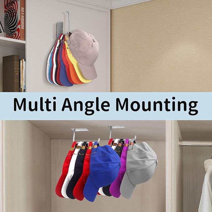 Hat Racks for Baseball Caps 2 Pack, Stainless Steel Adhesive Hat Hanger Hooks Holder for Wall, Multi-Purpose Strong Hook Organizer Can Hold More Than 10 Hats for Door/Closet