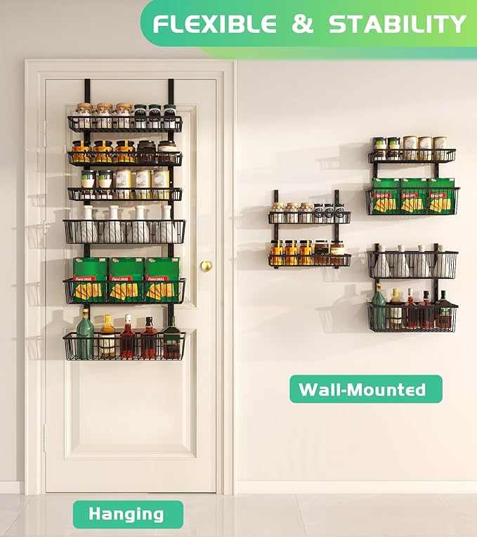 Mefirt Over The Door Pantry Organizer, Pantry Organization and Storage, 8-Tier Deep Baskets Hanging Heavy-Duty Metal, Wall Spice Rack Seasoning Shelves for Home & Kitchen, Laundry Room Bathroom, Black