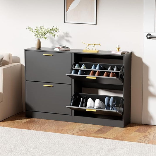 JOZZBY Shoe Cabinet for Entryway, Narrow Shoe Storage Cabinet with 2 Flip Drawers, Wooden Hidden Shoe Rack Organizer with 2 Tier Freestanding for Hallway, Living Room, Set of 2, Black