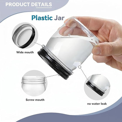 novelinks 8 oz Clear Plastic Jars with Airtight Lids, 16 Pack Plastic Mason Jars with Lids 8oz, Refillable Storage Slime Containers & Small Spice Jar for Kitchen Organization (16 Pack,Black)