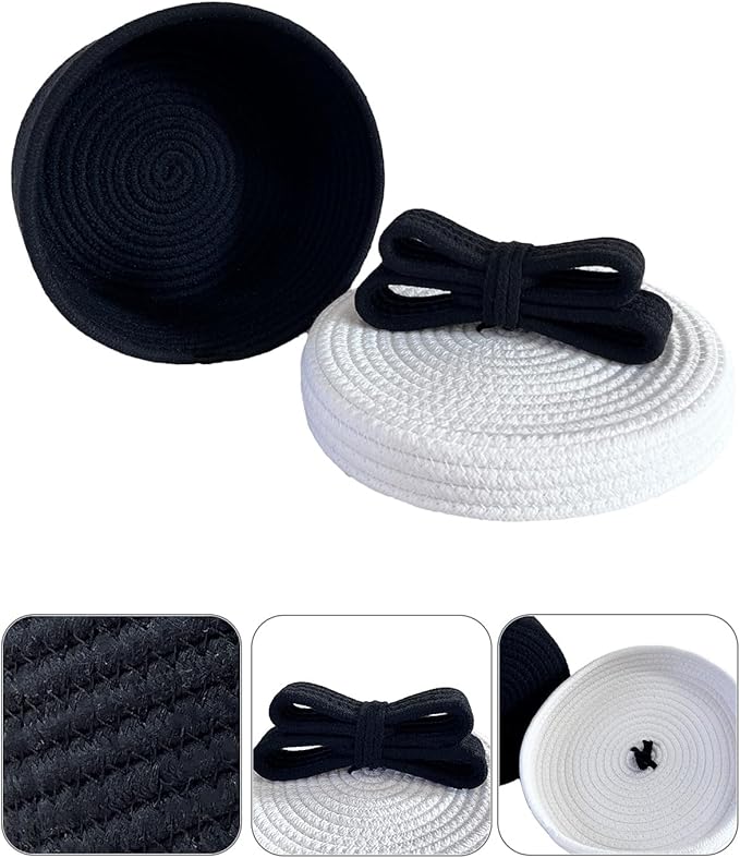 Decorative Storage Baskets with Lids, Small Woven Rope Basket with Lid, Decorative Basket for Home Decor, Dog Toy Storage Baskets with Cute Bow Handle, Black
