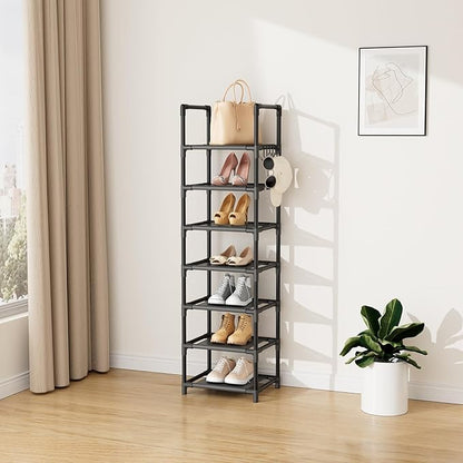 LANTEFUL Tall Shoe Rack 7 Tier Narrow Shoe Shelf Storage for 7-14 Pairs Shoe and Boot, Sturdy Shoe Storage Space Saving Corner Shoe Rack Organizer for Closet, Entryway, Living Room, Black
