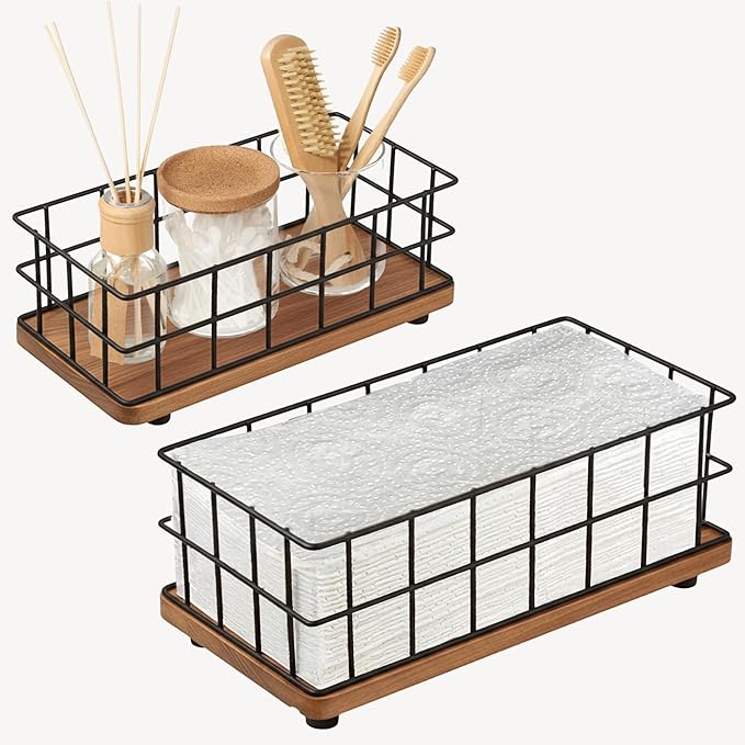 BAOBAB WORKSHOP Wooden Bathroom Basket Organizer & Storage, Toilet Paper Basket for Back of Toilet Tank Topper Tray, Paper Holder Basket for Bathroom Decor Box with Liners, Solid Wood & Wire, Set of 2