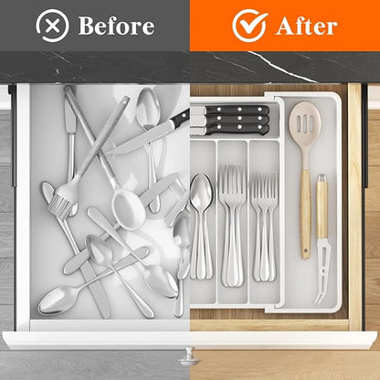 Lifewit Silverware Drawer Organizer, Expandable Utensil Tray for Kitchen, BPA Free Flatware and Cutlery Holder, Adjustable Plastic Storage for Spoons Forks Knives, 10.9"-17.5" x 13.7", White