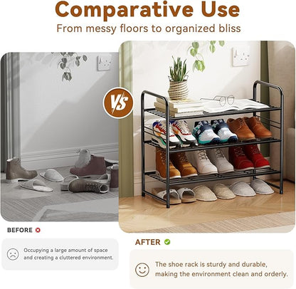 Simple Shoe Rack, 3 Tier Heavy Duty Metal Shoe Shelf 27 Inch Wide, Black