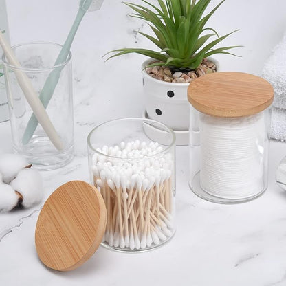 BKYFPQ 2 Pack Glass Qtip Holder Dispenser Set - Apothecary Jars with Lids - Vanity Makeup Organizer and Bathroom Canister Storage Organizer for Cotton Ball, Swab, Round Pads,Floss