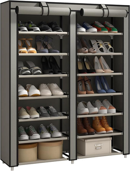 JIUYOTREE Double Row Shoe Rack Storage Organizer with Big Capacity,7-Tier Shoe Cabinet,Shelf,Closet with Nonwoven Fabric Cover for 28 Pairs of Shoes,Grey