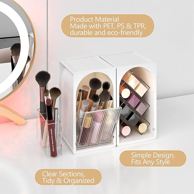FOLLOWIN Compact Makeup Organizer for Vanity,Lipstick Holder with Grid & Makeup Brush Organizer with Flip Drawer,Cosmetic Organizer Set for Cosmetics,Brushes,Lipsticks,Milk White & Clear