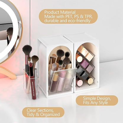 FOLLOWIN Compact Makeup Organizer for Vanity,Lipstick Holder with Grid & Makeup Brush Organizer with Flip Drawer,Cosmetic Organizer Set for Cosmetics,Brushes,Lipsticks,Milk White & Clear