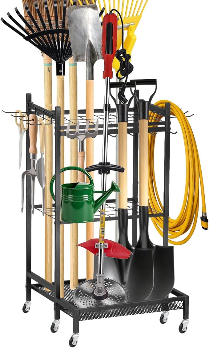 Garden Tool Organizer Rack with Wheels Up to 30-35 Tools, Heavy-Duty Steel Yard Tool Organizer for Garage Storage with 11 Hooks, Broom Holder & Garden Tool Rack for Shed, Patio, Lawn, Outdoor, Black