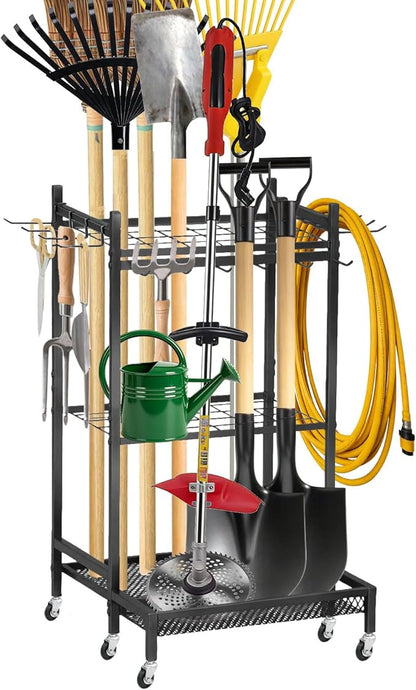 Garden Tool Organizer Rack with Wheels Up to 30-35 Tools, Heavy-Duty Steel Yard Tool Organizer for Garage Storage with 11 Hooks, Broom Holder & Garden Tool Rack for Shed, Patio, Lawn, Outdoor, Black