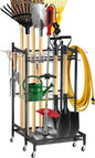 Garden Tool Organizer Rack with Wheels Up to 30-35 Tools, Heavy-Duty Steel Yard Tool Organizer for Garage Storage with 11 Hooks, Broom Holder & Garden Tool Rack for Shed, Patio, Lawn, Outdoor, Black