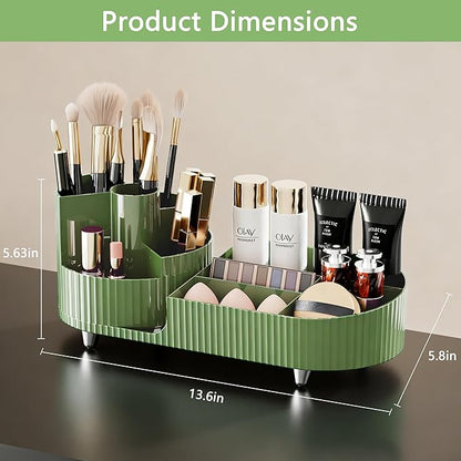 Rotating Makeup Organizer for Vanity with Brush Holder, Cosmetic Makeup Storage Organizer, Large Spinning Makeup Skincare Organizer, Countertop Makeup Perfume Organizer, Lotions Display Case Green