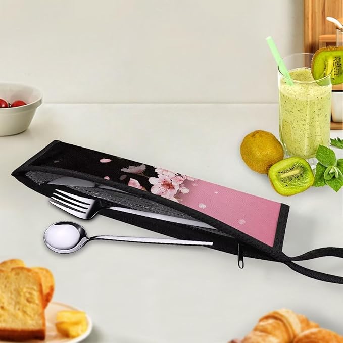 COEQINE Cherry Blossom Floral Utensil Case Reusable Portable Flatware Organzier Bag Tableware Carrying Case Chopsticks Knife Fork Spoon Straw Storage Case Zipper Bag for Cutlery Kit