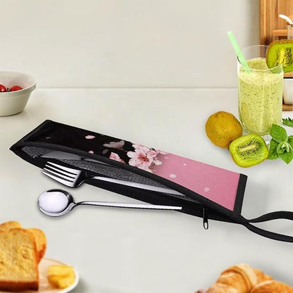 COEQINE Cherry Blossom Floral Utensil Case Reusable Portable Flatware Organzier Bag Tableware Carrying Case Chopsticks Knife Fork Spoon Straw Storage Case Zipper Bag for Cutlery Kit