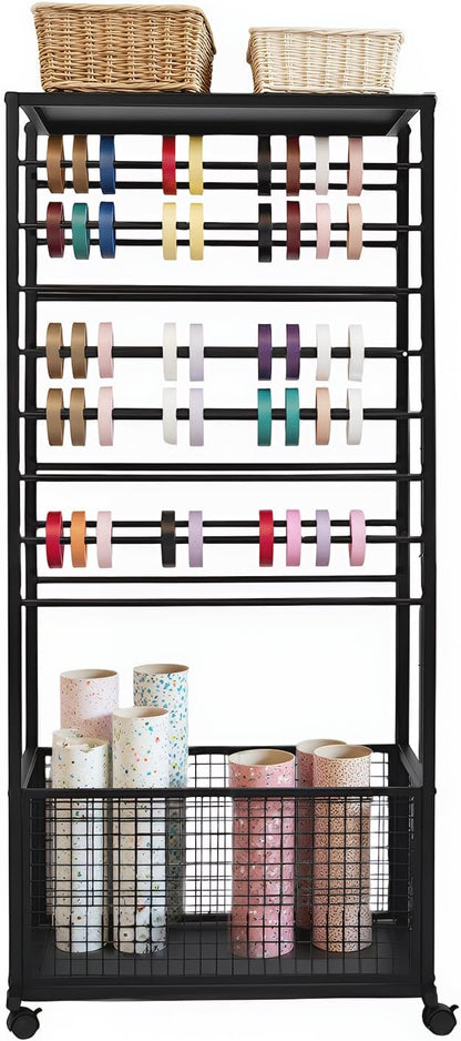 Ribbon Organizer Rack, Double Sided 16-Tier Ribbon Holder Organizer Rack, Flower Wrapping Paper Storage Stand, Scarf Tie Belt Towel Display Shelf Sewing Station Cart (Black)
