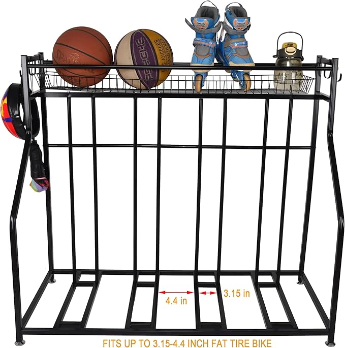 4 Bike Rack Garage,4 Bike Stand for Garage,4 Bike Storage Rack,With storage basket adjustable hooks black metal bike stand floor for most 3"- 4" tyres bikes (4 Grids)