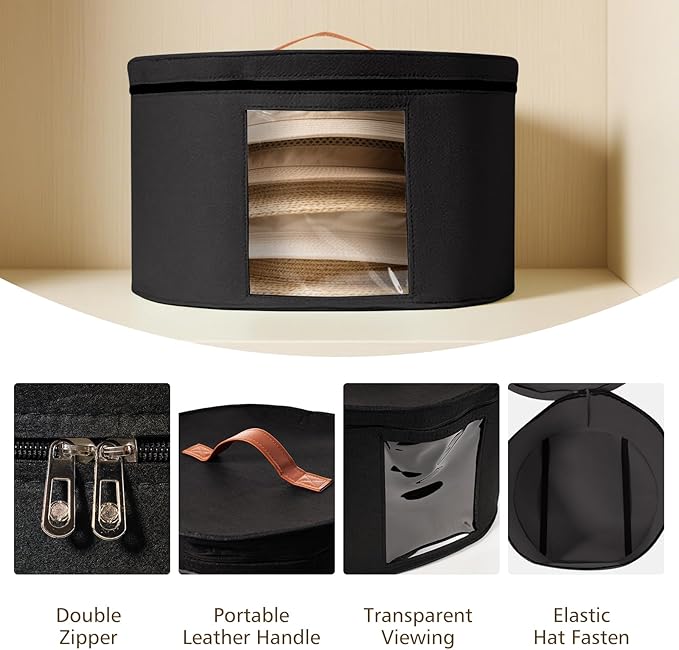 HEAVYWOOD Hat Box for Women Storage Travel Felt Hat Case for Wide-Brim Cowboy Hat Storage Foldable Organizer for Closet Large Round Hat Carrier with Portable Handle (Pure Black)