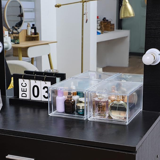 Yieach 2 Pack Stackable Makeup Organizer - 4.5'' Tall Acrylic Cosmetic Display Case - Clear Plastic Storage Bins For Vanity, Under Cabinets, Pantry Organization