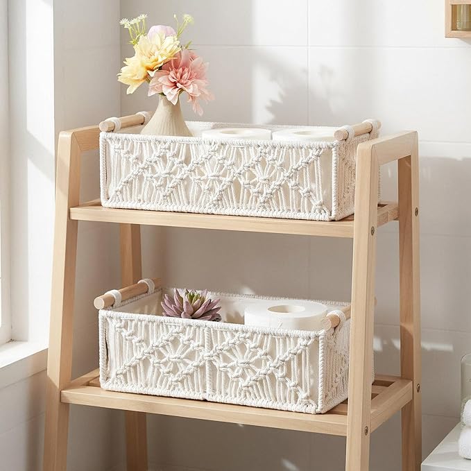 2 Pack Macrame Storage Baskets, Boho Decor Baskets Woven Storage Boxes for Organization Countertop Toilet Paper Basket for Home Decor Bedroom Nursery Livingroom Entryway, White
