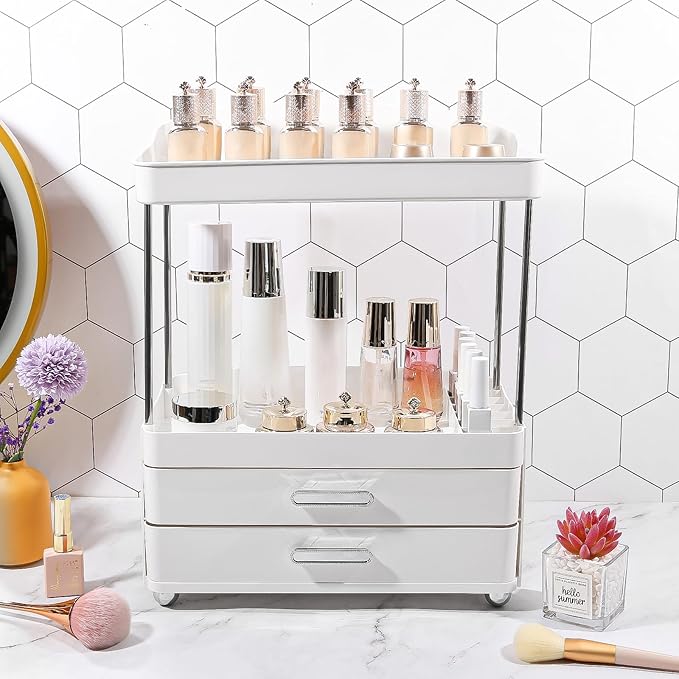 DASITON 4 Tiers Makeup Organizer, 2 Drawers Large Cosmetic Organizers for Vanity Bathroom Countertop, Bathroom Organizers and Storage for Skincare, Cosmetic, Perfume, Dresser Organizer (White+White)